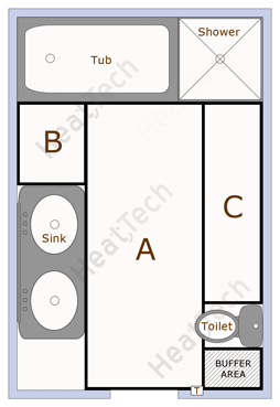Typical bathroom floor layout divided into sections to be heated